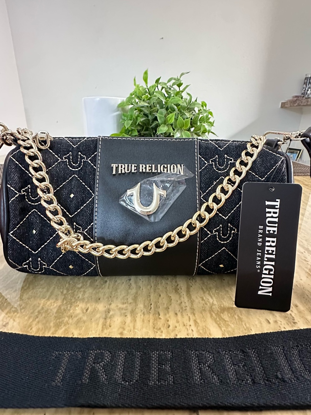 True Religion Black Quilted Shoulder Bag with Gold Chain